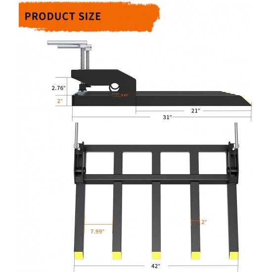 Clamp on Debris Forks to 48 Bucket, Heavy Duty Clamp-On Pallet Fork 2500 lbs Capacity Attachments Fit for Loader Bucket Skidsteer Tractor