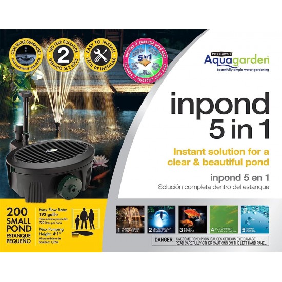 Pennington Aquagarden , Inpond 5 in 1, Pond & Water Pump, Filter, UV Clarifier, LED Spotlight and Fountain , All in One solution for a Clean, Clear and Beautiful pond , For Ponds up to 200 Gallons