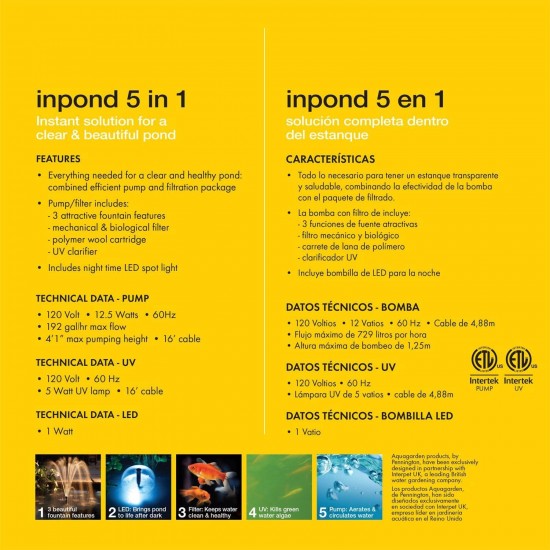 Pennington Aquagarden , Inpond 5 in 1, Pond & Water Pump, Filter, UV Clarifier, LED Spotlight and Fountain , All in One solution for a Clean, Clear and Beautiful pond , For Ponds up to 200 Gallons