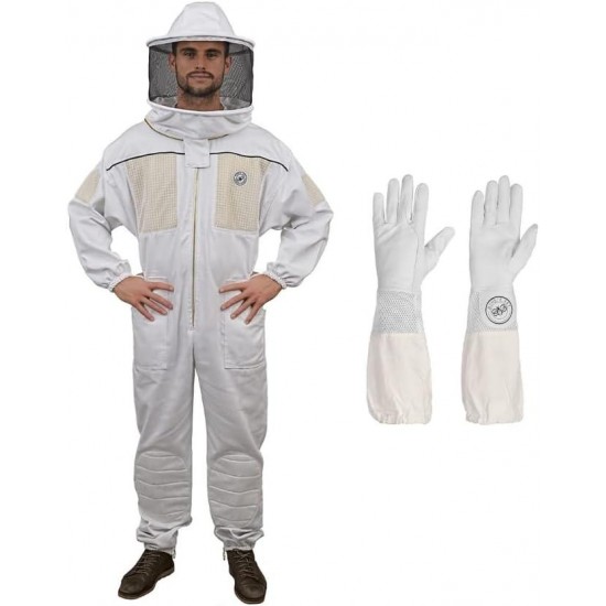 Ventilated Beekeeping Suit with Round Veil and Goatskin Gloves (Large)