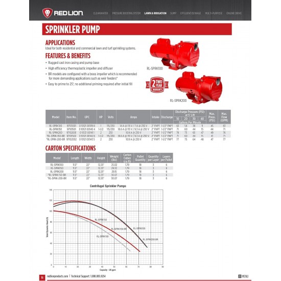 RL-SPRK150 115/230 Volt, 1.5 HP, 71 GPM Cast Iron Sprinkler/Irrigation Pump with Thermoplastic Impeller, Red, 97101501