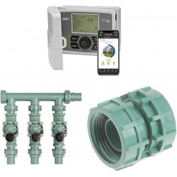 57946 B-hyve Smart 6-Zone Indoor/Outdoor Sprinkler Controller & 57253 3-Valve Heavy Duty Preassembled Manifold & 57184 Green Heavy Duty Swivel Double Union Coupler