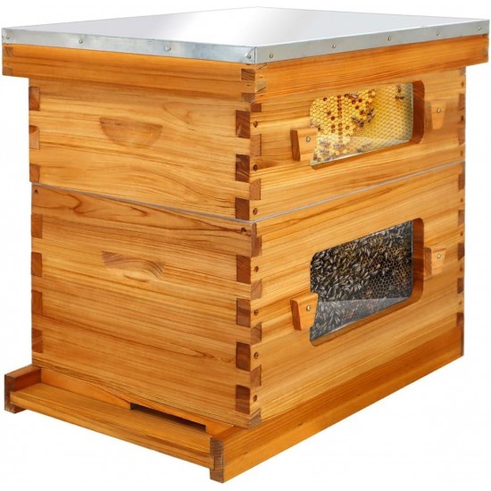 Bee Hive with Windows, 8 Frame Langstroth Complete Beehive Starter Kit Dipped in 100% Beeswax with Beehive Frames and Waxed Foundations (1 Deep Brood Bee Hive Box & 1 Medium Super Bee Box)