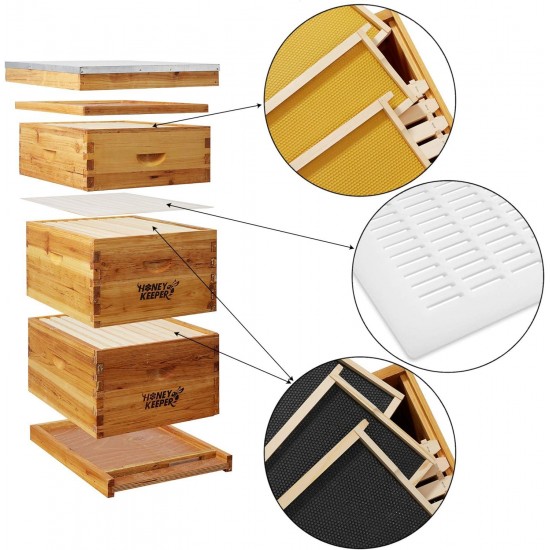 Beehive 10 Frame Complete Box Kit Coated in 100% Beeswax (Waxed Boxes, 2 Deep and 1 Medium) with Wooden Frames and Waxed Foundations for Langstroth Beekeeping