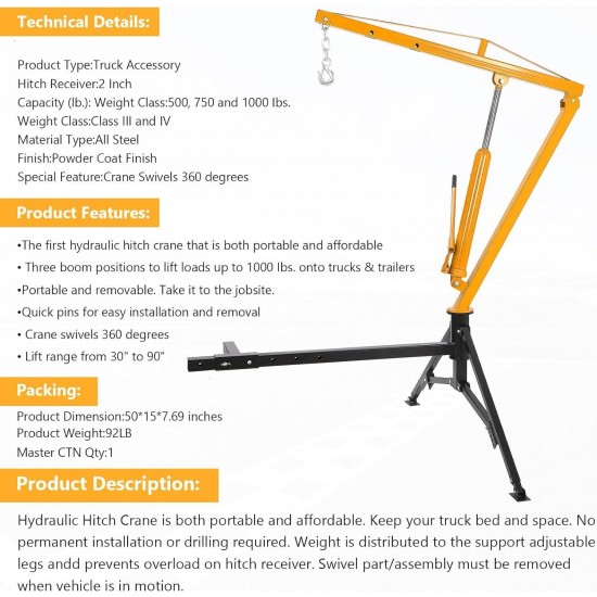 Hydraulic Hitch-Mount Truck Crane Professional 2-Inch Hitch Receiver, 3 Adjustable Capacities: 500 lbs, 750lbs, 1000 lbs(MAX) Yellow