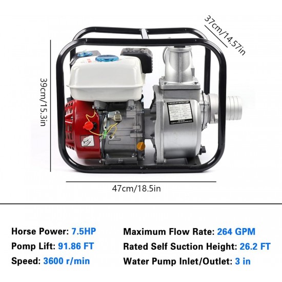 4-Stroke 210cc Gas Engine Water Pump, 3 inch, 7.5HP 265 GPM, Gasoline Powered Trash Water Transfer Pump Portable High Pressure for Irrigation Pool