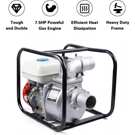 4-Stroke 210cc Gas Engine Water Pump, 3 inch, 7.5HP 265 GPM, Gasoline Powered Trash Water Transfer Pump Portable High Pressure for Irrigation Pool