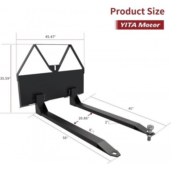 46 Pallet Fork Quick Attach Mount Skid Steer Attachments with Hitch Ball 2600 lbs Capacity compatible with Loaders Tractors