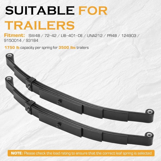 Single Trailer Leaf Spring 4 Leaf Double Eye 1750 lbs Cap for 3500 lbs Axle Suspension, Hanger & U-Bolt kit 25-1/4 Length fits SW4B - Set 2