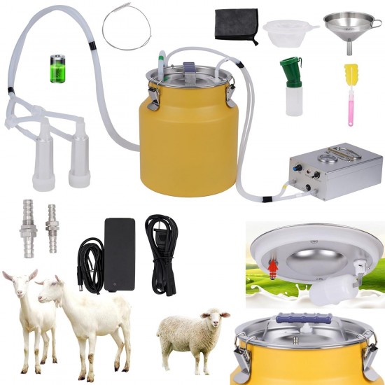 Rechargeable Goat Milking Machine 8L Goat Milker 304 Stainless Steel Milk Machine Battery Powered Pulsation Electric Vacuum Pump with 2 Teat Cups Bucket