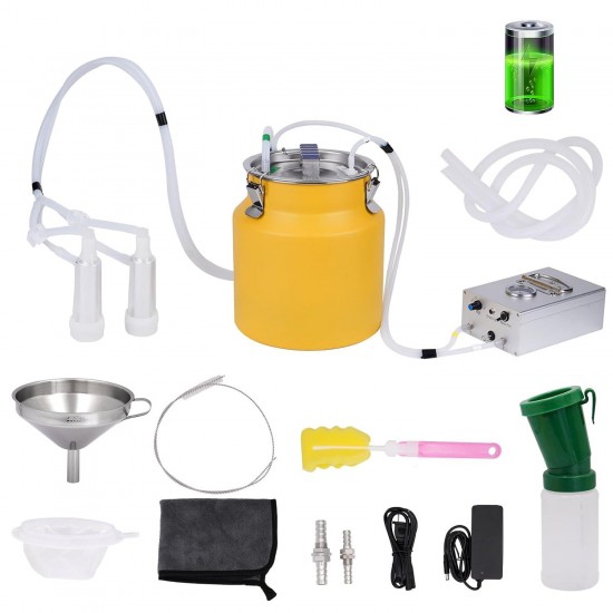 Rechargeable Goat Milking Machine 8L Goat Milker 304 Stainless Steel Milk Machine Battery Powered Pulsation Electric Vacuum Pump with 2 Teat Cups Bucket