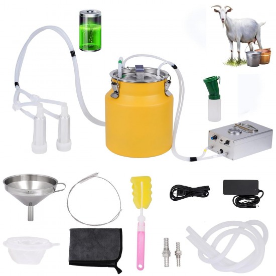 Rechargeable Goat Milking Machine 8L Goat Milker 304 Stainless Steel Milk Machine Battery Powered Pulsation Electric Vacuum Pump with 2 Teat Cups Bucket