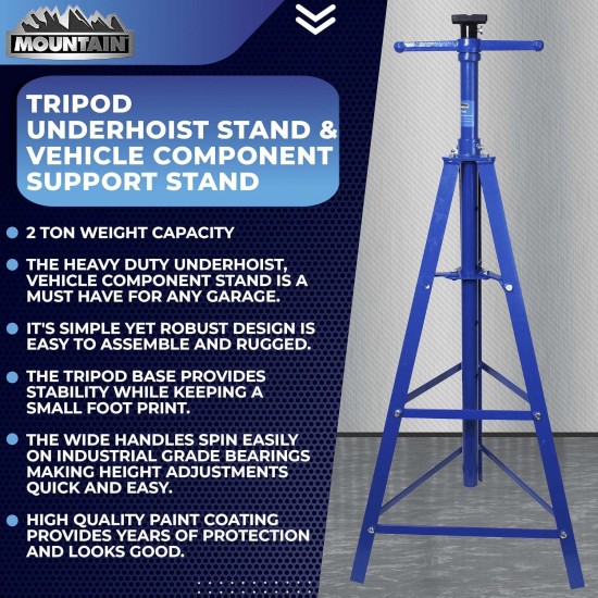 Mountain 52004 2 Ton Automotive Under Hoist Transmission Tripod Stand for Garages, Repair Shops, and DIY, 4,000 lbs. Capacity, Support Range 49-79.75, Heavy Duty Steel, Self Locking Acme Screw, Blue