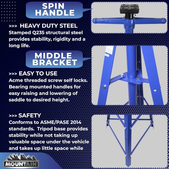 Mountain 52004 2 Ton Automotive Under Hoist Transmission Tripod Stand for Garages, Repair Shops, and DIY, 4,000 lbs. Capacity, Support Range 49-79.75, Heavy Duty Steel, Self Locking Acme Screw, Blue