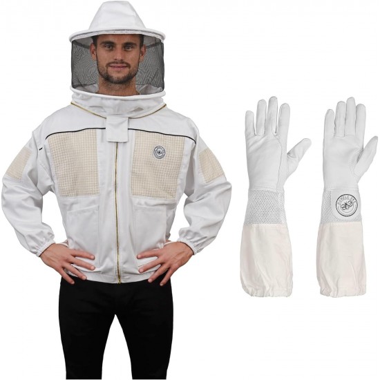 Ventilated Beekeeping Jacket with Round Veil and Goatskin Gloves (Large)