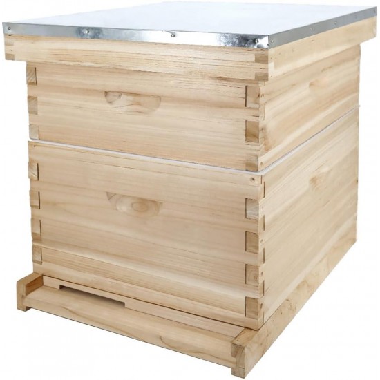 Bee Hive 8 Frame Kit, Honey Beehive Includes 1 Deep Bee Box 1 Medium Bee Hive Box with Beehive Frames and Beeswax Coated Foundation Sheet