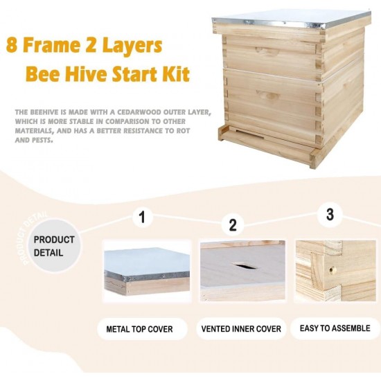 Bee Hive 8 Frame Kit, Honey Beehive Includes 1 Deep Bee Box 1 Medium Bee Hive Box with Beehive Frames and Beeswax Coated Foundation Sheet