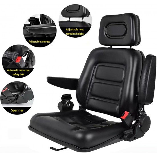 Universal Forklift Seat with Retractable Safety Belt, Tractor Seat Adjustable Back Headrest Armrests, Garden Lawn Mower Seats Fit for Skid Loader Excavator, Backhoe Dozer et Safety Belt+Armrest