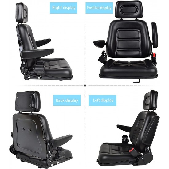 Universal Forklift Seat with Retractable Safety Belt, Tractor Seat Adjustable Back Headrest Armrests, Garden Lawn Mower Seats Fit for Skid Loader Excavator, Backhoe Dozer et Safety Belt+Armrest