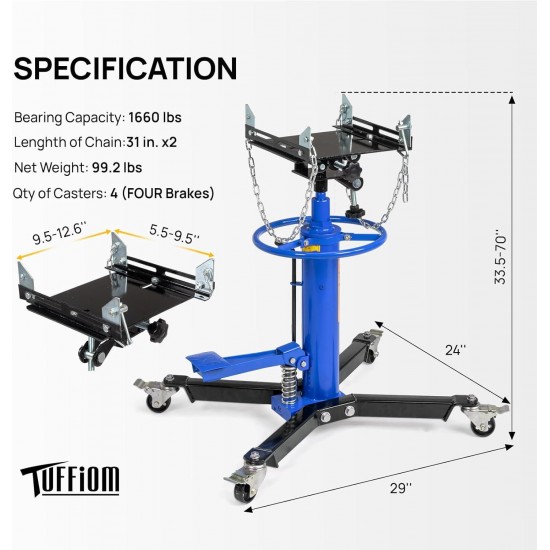 Transmission Jack, 1660 lbs 3/4-Ton Hydraulic 2-Stage High Lift Vertical Telescoping Floor Jack Stand, 34 to 68 Lifting Range, w/Pedal, 360° Swivel Wheels, Garage/Shop Lift Hoist, Blue