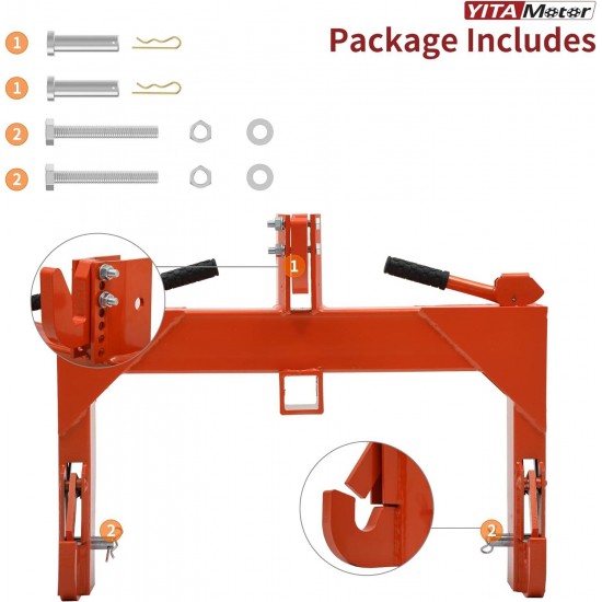 3 Point Quick Hitch, 3000 lbs 3-Pt Attachments with 2 Receiver Hitch Adaptation to Category 1 & 2 Tractor with 5 Level Adjustable Bolt