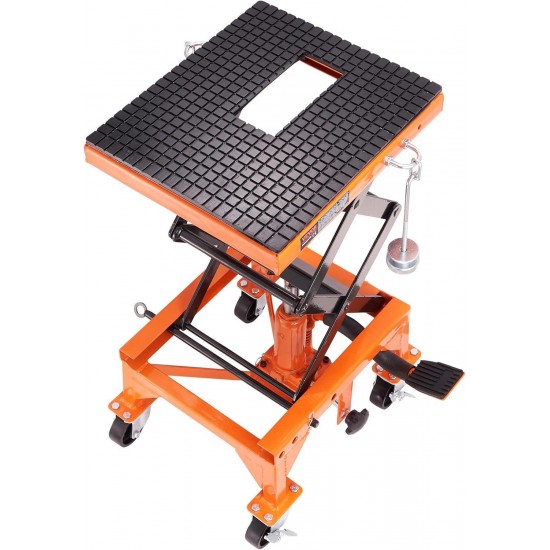 Hydraulic Motorcycle Lift Table, 350 LBS Capacity Motorcycle Scissor Jack Lift with Wide Deck, J-Hooks, 4 Wheels, Hydraulic Foot-Operated Jack Stand for ATV Dirt Bikes