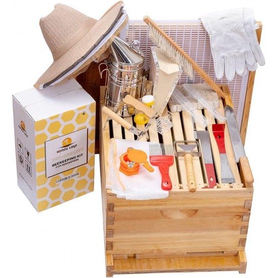 8 Frame Bee Hive Starter Kit and Beekeeping Supplies, Beeswax Coated Bee Hives Boxes Starter Kit with Beehive Tool Kit Includes Bee Smoker Beekeeper Hat