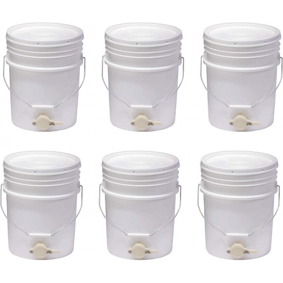 BKT5 Plastic Honey Extractor Bucket with Honey Gate Tool for Beekeeping Harvesting, 5 Gallon (6 Pack)