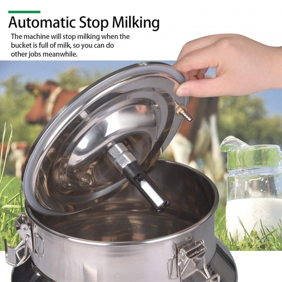 Cow Milking Machine Pump Milker Machine Auto-Stop Device for Cow Livestock Household Farm Stainless Steel Food Grade Bucket Milking Device 7L