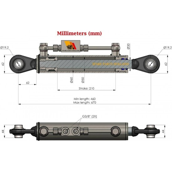 Hydraulic Top Link Cat. 1-1 with Locking Block 18 1/8” - 26 3/8” with 2 x Hose