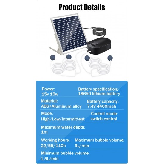 15v 15w Solar Oxygen Pump, Waterproof Sun Protection Solar Pond Aerator with 4400mah Battery and 4 Air Stones, Solar Oxygenator for Garden Fish Tank