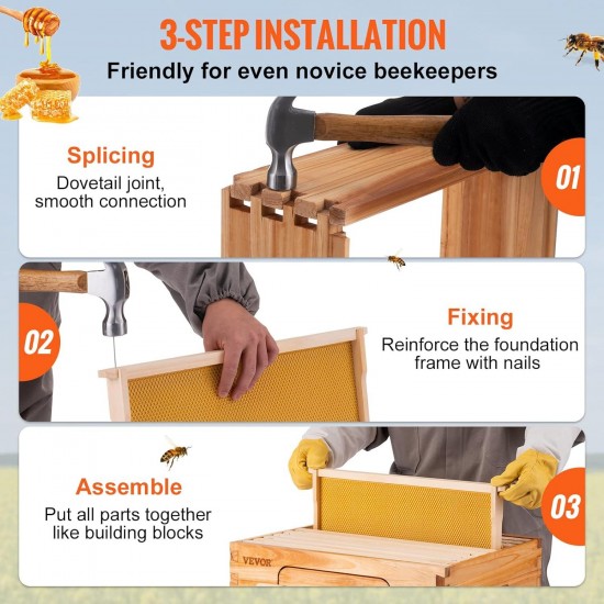 Bee Hive, 10 Frame Complete Beehive Kit, Dipped in 100% Natural Beeswax Includes 1 Deep Brood & 1 Medium Honey Super Box with Waxed Foundations, for Beginners & Pro Beekeepers, 2 Layer