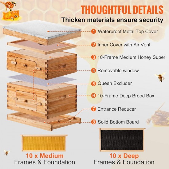 Bee Hive, 10 Frame Complete Beehive Kit, Dipped in 100% Natural Beeswax Includes 1 Deep Brood & 1 Medium Honey Super Box with Waxed Foundations, for Beginners & Pro Beekeepers, 2 Layer