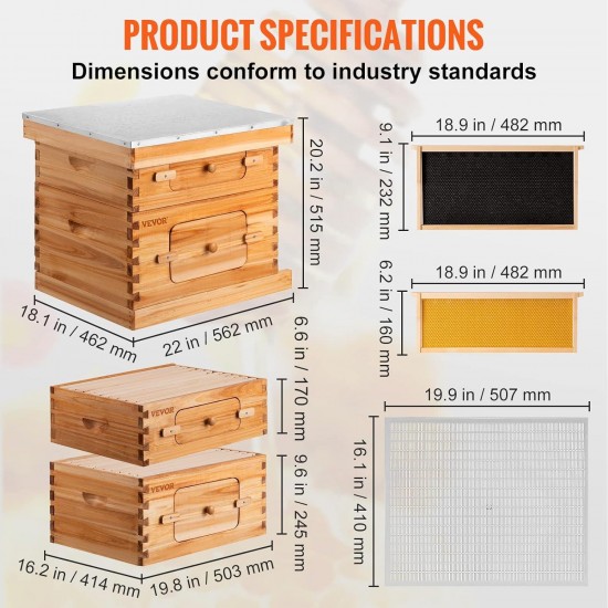 Bee Hive, 10 Frame Complete Beehive Kit, Dipped in 100% Natural Beeswax Includes 1 Deep Brood & 1 Medium Honey Super Box with Waxed Foundations, for Beginners & Pro Beekeepers, 2 Layer