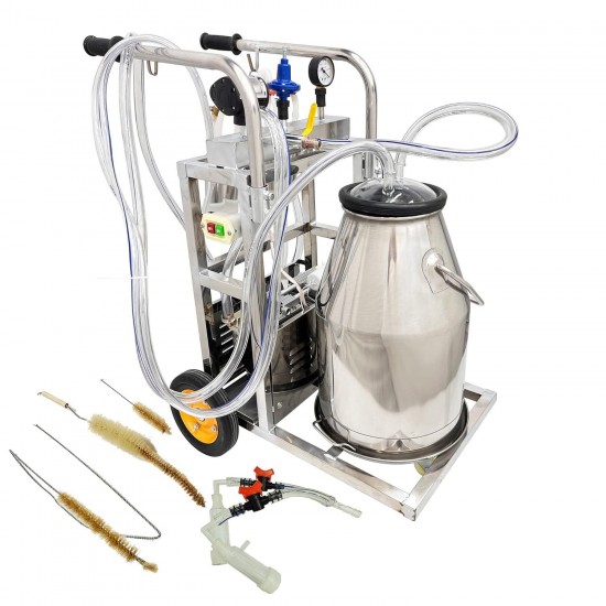 Electric Milking Machine, 110V Milker Machine, Oil- Vacuum Pump Milking Equipment, Bucket Milker with 25L 304 Stainless Steel Bucket Single and Cleaning Brush for Cows and Goats