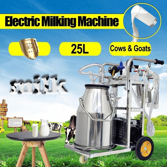 Electric Milking Machine, 110V Milker Machine, Oil- Vacuum Pump Milking Equipment, Bucket Milker with 25L 304 Stainless Steel Bucket Single and Cleaning Brush for Cows and Goats