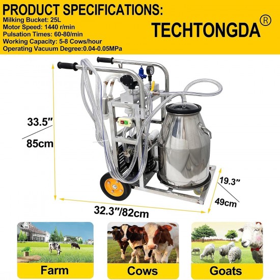 Electric Milking Machine, 110V Milker Machine, Oil- Vacuum Pump Milking Equipment, Bucket Milker with 25L 304 Stainless Steel Bucket Single and Cleaning Brush for Cows and Goats