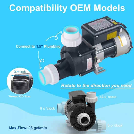 Bath Pump, 1.0HP Hot Tub Bath Pump - LX Pump Motor 115V, 1.5 Port, 0.75KW Input Power - Compatible with OEM models (Model: WCA100)