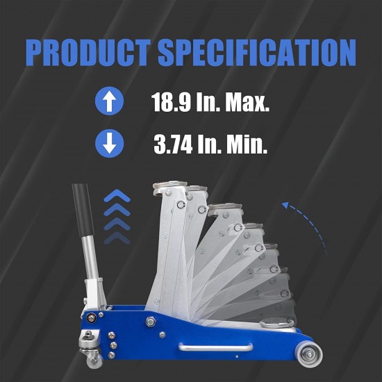 3 Ton / 6600 Lb. Low Profile Floor Jack, Hydraulic Lifting Range 3.75 - 18.89, Automotive Aluminum Low Profile Service Jack with ASME Safety Standards Dual Piston Quick Lift Pump, for Garages