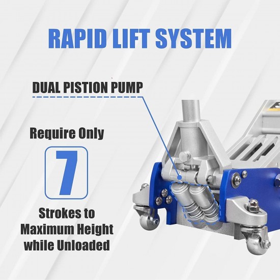 3 Ton / 6600 Lb. Low Profile Floor Jack, Hydraulic Lifting Range 3.75 - 18.89, Automotive Aluminum Low Profile Service Jack with ASME Safety Standards Dual Piston Quick Lift Pump, for Garages