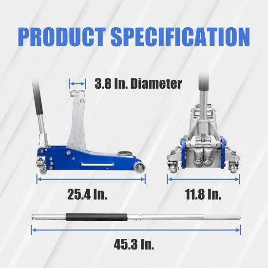 3 Ton / 6600 Lb. Low Profile Floor Jack, Hydraulic Lifting Range 3.75 - 18.89, Automotive Aluminum Low Profile Service Jack with ASME Safety Standards Dual Piston Quick Lift Pump, for Garages