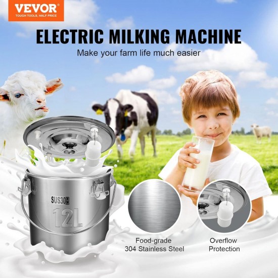 Goat Milking Machine, 12 L 304 Stainless Steel Bucket, Electric Automatic Pulsation Vacuum Milker, Portable Milker with Food-Grade Silicone Cups and Tubes, Adjustable Suction for Cows and Sheep