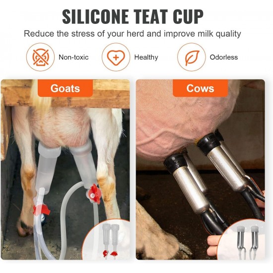 Goat Milking Machine, 12 L 304 Stainless Steel Bucket, Electric Automatic Pulsation Vacuum Milker, Portable Milker with Food-Grade Silicone Cups and Tubes, Adjustable Suction for Cows and Sheep