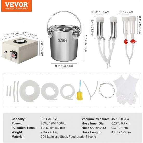 Goat Milking Machine, 12 L 304 Stainless Steel Bucket, Electric Automatic Pulsation Vacuum Milker, Portable Milker with Food-Grade Silicone Cups and Tubes, Adjustable Suction for Cows and Sheep