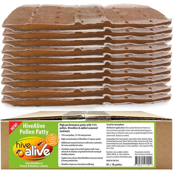 Pollen Patties for Honey Bees - 40lb (40x1lb) Natural Bee Food with 15% Real USA Pollen, HiveAlive Concentrate, Amino Acids to Improve Colony Health, Brood