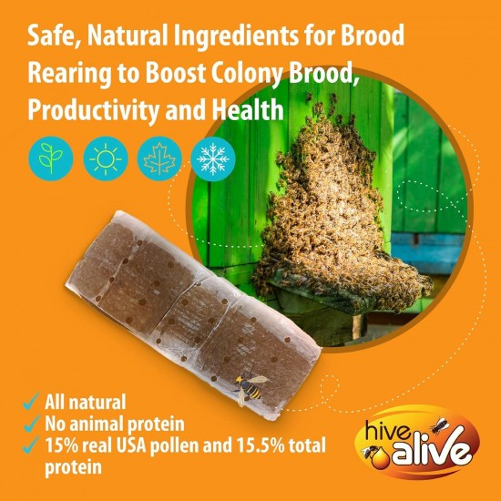 Pollen Patties for Honey Bees - 40lb (40x1lb) Natural Bee Food with 15% Real USA Pollen, HiveAlive Concentrate, Amino Acids to Improve Colony Health, Brood