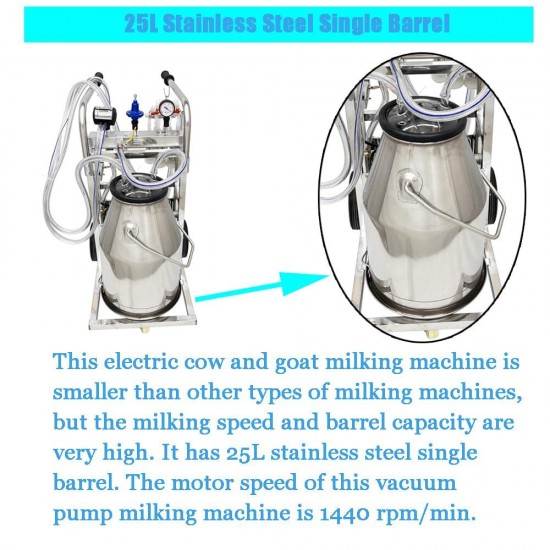 Electric Milker Cow Goat Milking Machine 25L 304 Stainless Steel Bucket Oil- Vacuum Pump Portable Milker Electric Milking Equipment W/Cleaning Brushes for Cows Goats Sheep