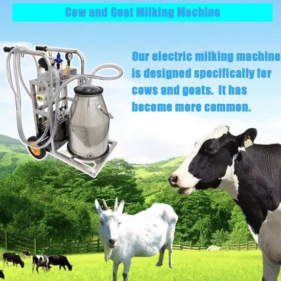 Electric Milker Cow Goat Milking Machine 25L 304 Stainless Steel Bucket Oil- Vacuum Pump Portable Milker Electric Milking Equipment W/Cleaning Brushes for Cows Goats Sheep