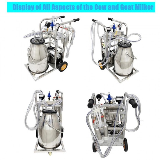 Electric Milker Cow Goat Milking Machine 25L 304 Stainless Steel Bucket Oil- Vacuum Pump Portable Milker Electric Milking Equipment W/Cleaning Brushes for Cows Goats Sheep