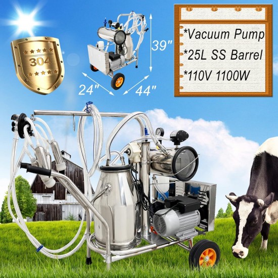 Electric Milking Machine 25L, Milker Machine 10-12 Cows per Hour, 110V 1440 RPM Milking Equipment, Cow Milking Machine Bucket Milker with 304 Stainless Steel Milk Bucket for Cows and Goat